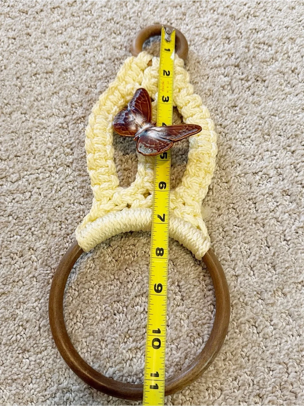 1970s Macrame Towel Holder Brown Ceramic Butterfly Handmade Hanging Boho Vintage